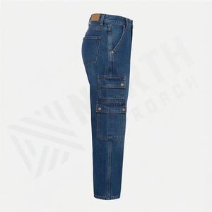 Jean cargo unisexe en denim couleur personnalisée, coupe droite, taille mi-haute, décontracté, respirant, séchage rapide, en coton, style streetwear pour femme - Product Image 3