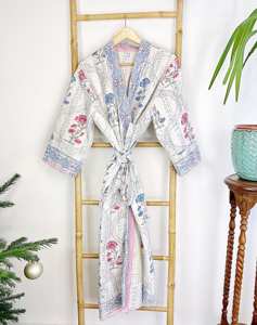 Alta calidad diseñador Kantha algodón largo Reversible Kimono bata hecha a mano Eco-moda azul Rosa Blanco Floral Gardenia 6XL playa - Product Image 3