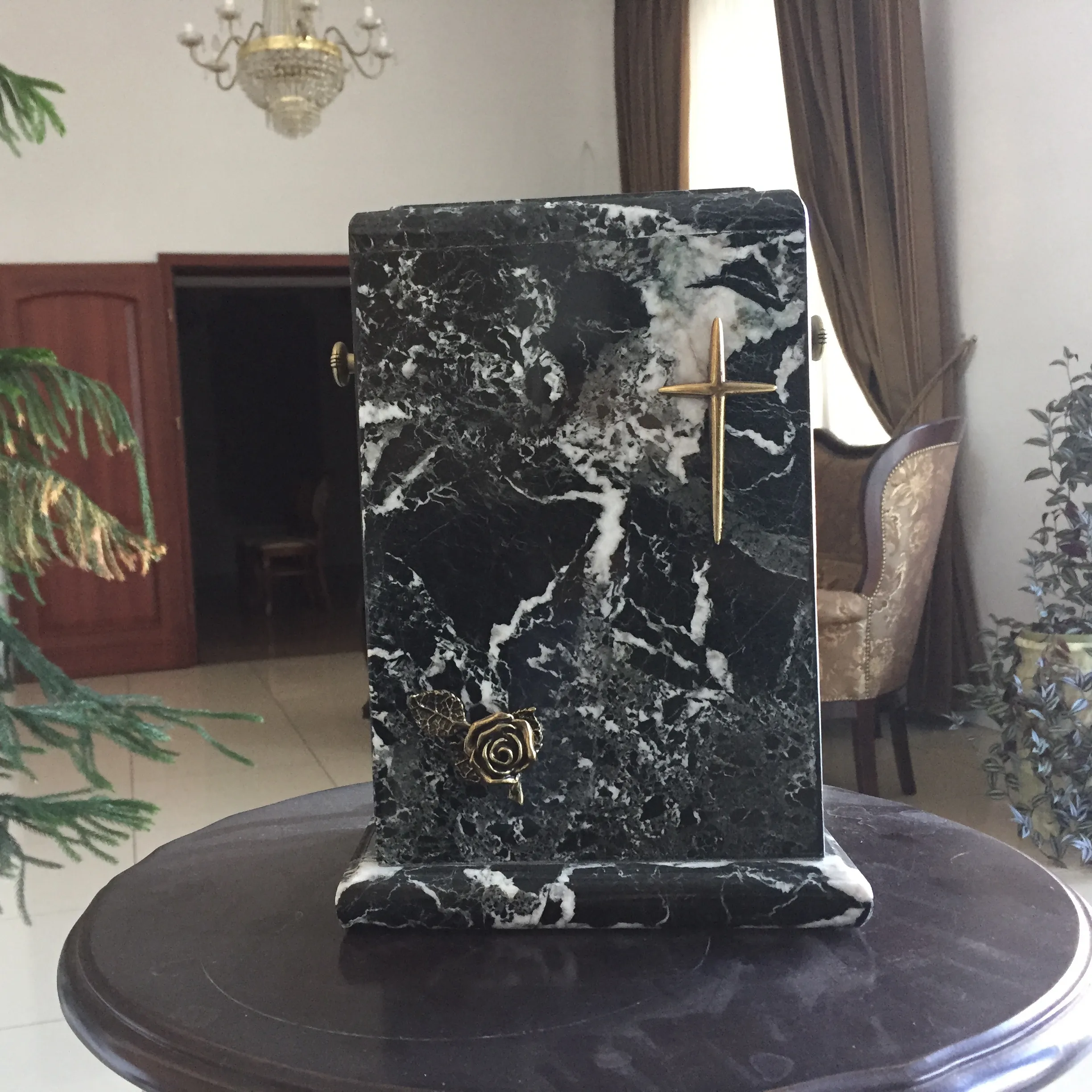Jet Black Marble Rectangle Urns with Cross for Wholesale .
