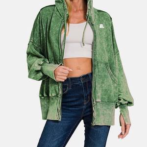 Nueva moda personalizada ácido Zip up Hoodie para mujer sólido Vintage Look Oversized poliéster algodón Casual invierno ecológico - Product Image 3