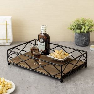 Bandeja de almacenamiento de encimera Retro rústica Bandeja decorativa multiusos de metal única con base de madera Bandeja de mesa hecha en la India - Product Image 1