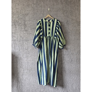 Vestido Maxi a Rayas Azul Marino y Verde Lima Pálido, Diseño Personalizado, Estilo Boho, Cintura Imperio, Transpirable, para Uso Diario, ODM - Product Image 3