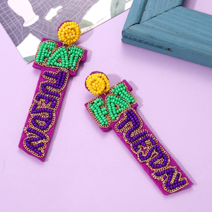 Boucles d'oreilles Bestone, nouvelle mode, carnaval, perles de riz, masque perlé, lettres MARDI GRAS - Product Image 2