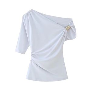 เสื้อยืดผู้หญิงคอลเลคชั่นฤดูใบไม้ผลิ 2025 ดีไซน์เรียบหรู ติดกระดุมโลหะ ทรงเข้ารูป แบบไม่สมมาตร ปรับแต่งได้ ผลิตจากผ้าฝ้าย 100% ป้องกันการยับ - Product Image 5