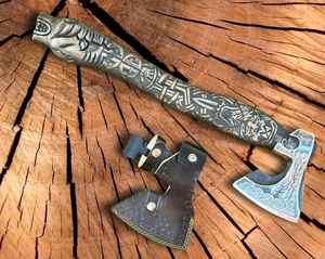 Hache Viking haut de gamme en acier à haute teneur en carbone forgé à la main avec gravure manuelle, pour l'extérieur, avec fourreau en cuir fin - Product Image 5