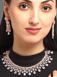 Haute qualité AD CZ or Rose ethnique classique collier de mariée boucles d'oreilles ensemble chaînes de cadeaux de mariage du fabricant indien - Product Image 4