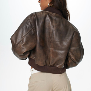 <b>Womens</b> Leather <b>Bomber</b> <b>Jacket</b> Custom Logo Embroidery Printing Fashion Streetwear Casual Outerwear OEM Factory Supply - Product Image 5