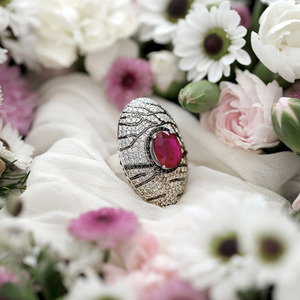 Wholesale Luxury Ruby Gemstone Cocktail <b>Ring</b> for Women Vintage Silver <b>Statement</b> <b>Ring</b> Micro Pave Cubic Zirconia Fashion Jewelry - Product Image 2