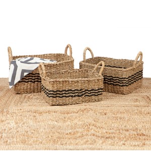 Multi-Purpose 3-Piece <b>Rectangular</b> Seagrass <b>Basket</b> Set Brown Black Rope Handles Home Organizing Hanging <b>Storage</b> for Vegetables - Product Image 2