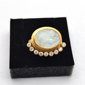 Rainbow Moonstone Oval 925 Sterling Silver Matt Finish Permanent Gold Plated Thick Band Ring 9.98 Gms Size US 10.5 Cz Set Rings - Product Image 1