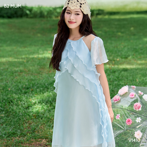 V1410 Robe en soie bleue à volants pour femmes enceintes, tissu en soie perlé absorbant la sueur, fermeture à glissière arrière à 2 couches, été - Product Image 6