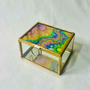 Mini boîte à bijoux européenne vintage en verre imprimé coloré motif carré moderne en laiton métal jante décorations stockage personnalisable - Product Image 5