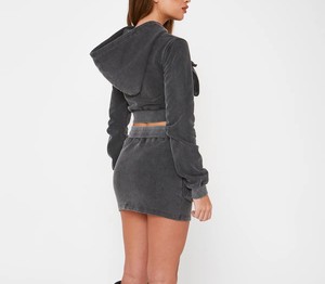 2024 Oem Custom logo Acid Wash 2 <b>Pcs</b> Sweatpants and Hoodie Set Women Crop Top Jacket and <b>Mini</b> Skirt Outsuit - Product Image 2