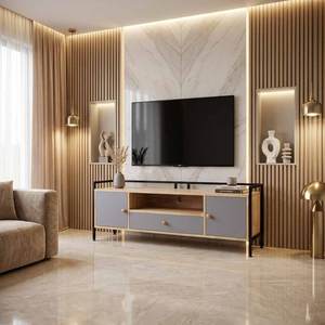ALAN Mueble de TV Moderno de 140 cm, Lujoso y Minimalista, con Estructura de Madera de Caucho y Hierro, con Luces LED, Mueble para TV, Mesa para TV, Consola para TV, KTV68081 - Product Image 2