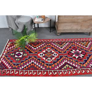 Alfombra de lana Kilim turca vintage de 32x11,2 pies, tejido plano de retazos de Color rojo con respaldo de látex - Product Image 2