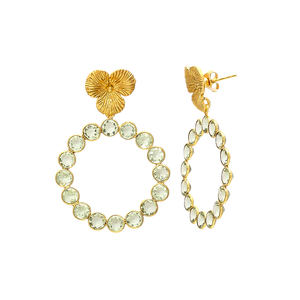 Pendientes de aro redondos con estilo dorado, pendientes de diseño de flores con hermosos pendientes de piedras preciosas verdes de diamantes - Product Image 2