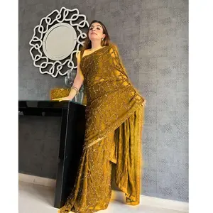 Saree de seda com lantejoula para mulheres, com blusa de trabalho para mulheres