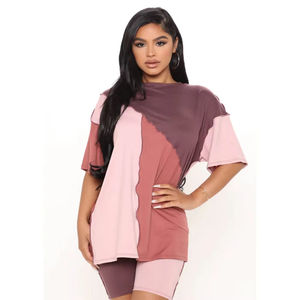 Última moda de verano para mujer, chándal de dos piezas informal de Color sólido, camiseta de verano personalizable OEM, pantalones cortos, medio tejido - Product Image 2