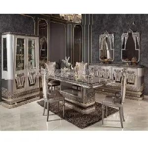 Turkish Design Black Rose Carved Dining Table Set Vintage Look Dining Room Furniture Set 6 Seater Handcrafted Wooden Dining Set