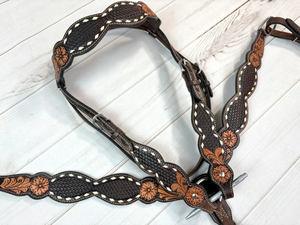 Dark Basketweave Tooled Leather Buckstitch Border Tack Set Western Headstall Breast Collar Horse <b>Bridle</b> Custom Equine Riding - Product Image 2