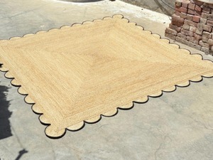 Solid Color Rectangle Jute Rug With Scalloped <b>Edge</b> Farmhouse Style Non-Slip <b>Rubber</b> Backing Living Room Area Rug - Product Image 2