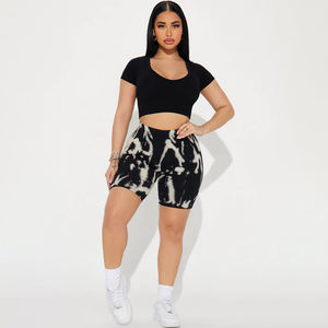 Pantalones cortos de motorista sin costuras con estampado abstracto en blanco y negro para mujer, ropa deportiva para gimnasio y Fitness con cierre de cordón para ropa informal de Yoga - Product Image 1