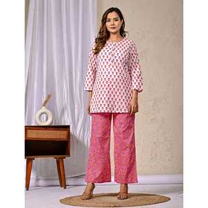 Conjunto de Dos Piezas de Algodón Blanco y Rosa con Decoración de Botones, Manga Tres Cuartos, Tops y Shorts para Uso Diario, Talla XS/XS, para Otoño y Verano - Product Image 3