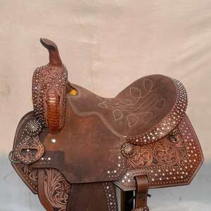 Ensemble de selle western en cuir avec décorations d'art sur bois de qualité supérieure, thème course de barils |   Ensemble de fixation sans clou pour équipement d'équitation en acier inoxydable, façonné à la main - Product Image 4