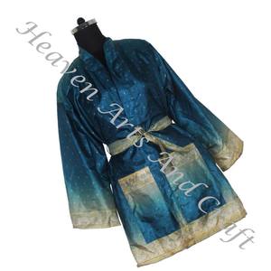 KS001 Beautiful Vintage Silk Sari Floral Jacket Bohemian Winter Short Hand Made With <b>Belt</b> Closer Vintage Sari Kimono Short - Product Image 5