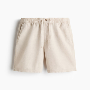 Shorts en lin pour homme, taille mi-haute, fermeture boutonnée, respirant, décontracté, tissu tissé, beige - Product Image 1