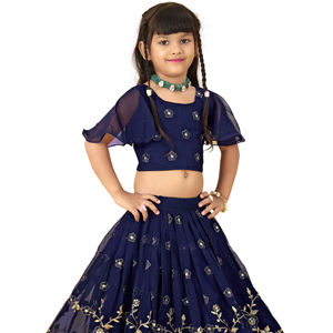 Conjunto de Lehenga Choli Azul Marino para Niñas de Shoryam Fashion, Bordado Floral Dorado, Mangas de Mariposa, Ropa Étnica para Fiestas Infantiles - Product Image 1