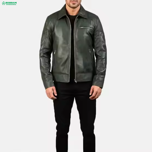 Veste en cuir véritable pour homme, veste de moto en cuir véritable vert, col rabattu, fermeture éclair, coupe ajustée, vêtements d'automne - Product Image 6