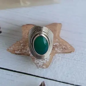 Grosir grosir batu permata Onyx hijau alami 925 perak murni cincin halus buatan tangan