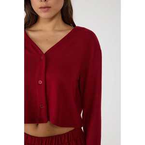 Casual Red V-Neck Button Detailed Crop <b>Cardigan</b> Soft Texture with Short <b>Length</b> - Product Image 2