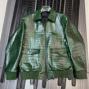 Vestes en peau de mouton véritable pour hommes avec logo personnalisé, hiver, fines, vertes, motif gaufré, fermeture éclair intégrale, bombardiers, prix d'usine OEM, pour hommes - Product Image 6