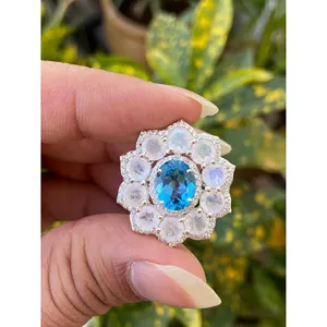 925 Silver Blue Topaz & <b>Moonstone</b> Cocktail <b>Ring</b> Rhodium Plated Marquise Geometric Design Elegant Gemstone Jewelry for Parties - Product Image 4