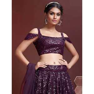 Robe de cocktail élégante en tulle brodé de paillettes violettes, tenue de soirée, lehenga choli - Product Image 2