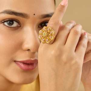 Gold-Plated Flower Shape Lab Created Stones Prong Setting Fashion <b>Ring</b> Watch for Women's <b>Adjustable</b> Trendy Wedding Occasion - Product Image 6