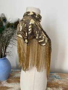 Robe de soirée élégante de style burlesque, cape droite, avec des fils de perles et des paillettes, longueur au sol, col en V, tenue de fête festive, se ferme au cou, magnifique pour les festivals - Product Image 5