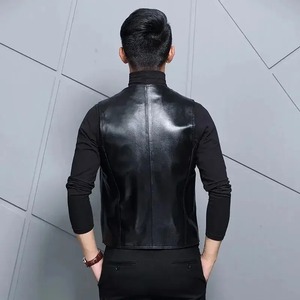 Chaleco de invierno para hombre, de cuero genuino y lona, impermeable, con cuello en V, informal, sin mangas, de piel de oveja auténtica - Product Image 2