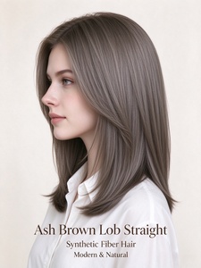 Ash Brown Lob Straight <b>Wig</b> <b>Synthetic</b> Fiber Hair Natural Looking Medium Length Hairpiece for Daily Wear - Product Image 2