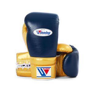 Guantes de Boxeo Profesional Personalizados MS, Guantes de Entrenamiento, Cuero de Vaca con Logotipo Personalizado, Encaje Dorado y Azul Marino (12oz 16oz) - Product Image 1