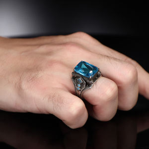 Square Aqua Marine Stone Traditional Motif 925 Silver Dazzle <b>Men</b> <b>Ring</b> Turkish Handmade <b>Ring</b> Turkish Wholesales Silver Jewelry - Product Image 6