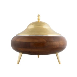 Marmite à fondue en acier inoxydable faite à la main de luxe avec base en bois Design moderne Chauffe-plats rond pour la maison et la restauration hôtelière - Product Image 5