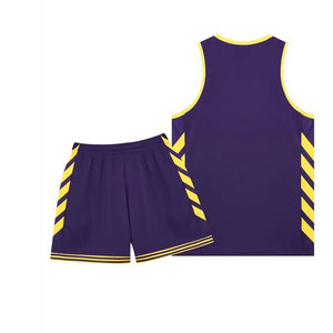 Vente en gros Ensemble maillot et short de basket-ball sans manches violet et jaune Uniforme de sport sans manches absorbant la sueur durable - Product Image 4