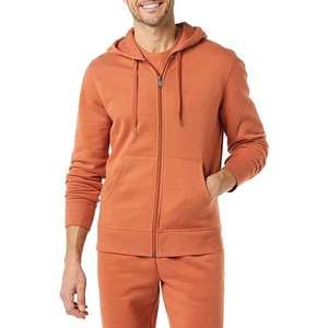 Sudadera con capucha personalizada para hombre, 100% algodón, gruesa, de corte holgado, estilo urbano, con cremallera, color naranja. - Product Image 1