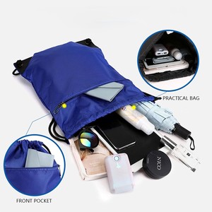 Blue Polyester <b>Drawstring</b> <b>Backpack</b> with Zippered Pocket Portable Sport Bag for Gym and Travel Gift Packaging - Product Image 2