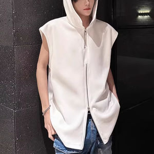 Personnalisé été hommes décontracté sans manches blanc à capuche 3D brodé lettre conception épaisse épaule gilet métal fermeture éclair lavé - Product Image 4