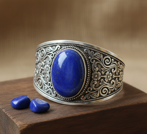 Rudra อัญมณีสำหรับผู้ชายทำด้วยมือสไตล์โบฮีเมียนจากธรรมชาติ Lapis Lazuli Cabochon tibetan สร้อยข้อมือลูกปัดเงิน14K ชุบทองครบรอบ - Product Image 5
