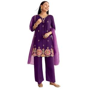 Zardosi violet travail Dola soie Kurta Palazzo costume avec Organza Dupatta vente en gros de vêtements ethniques pour femmes OEM usine de vêtements en vrac - Product Image 1